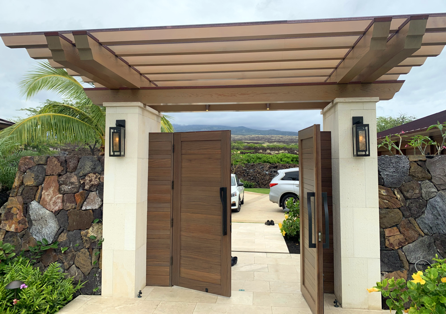 Afrormosia custom door and pergola